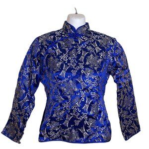 Royal Blue Brocade Satin Cheongsam Blouse QiPao Tang Shirt Top Bust 33"